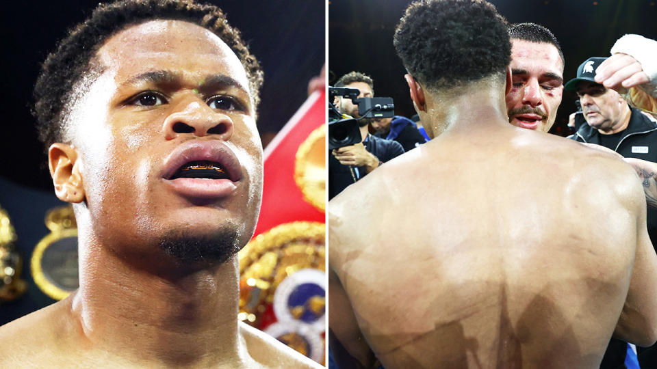 Devin Haney and George Kambosos, pictured here after their boxing bout in Melbourne.