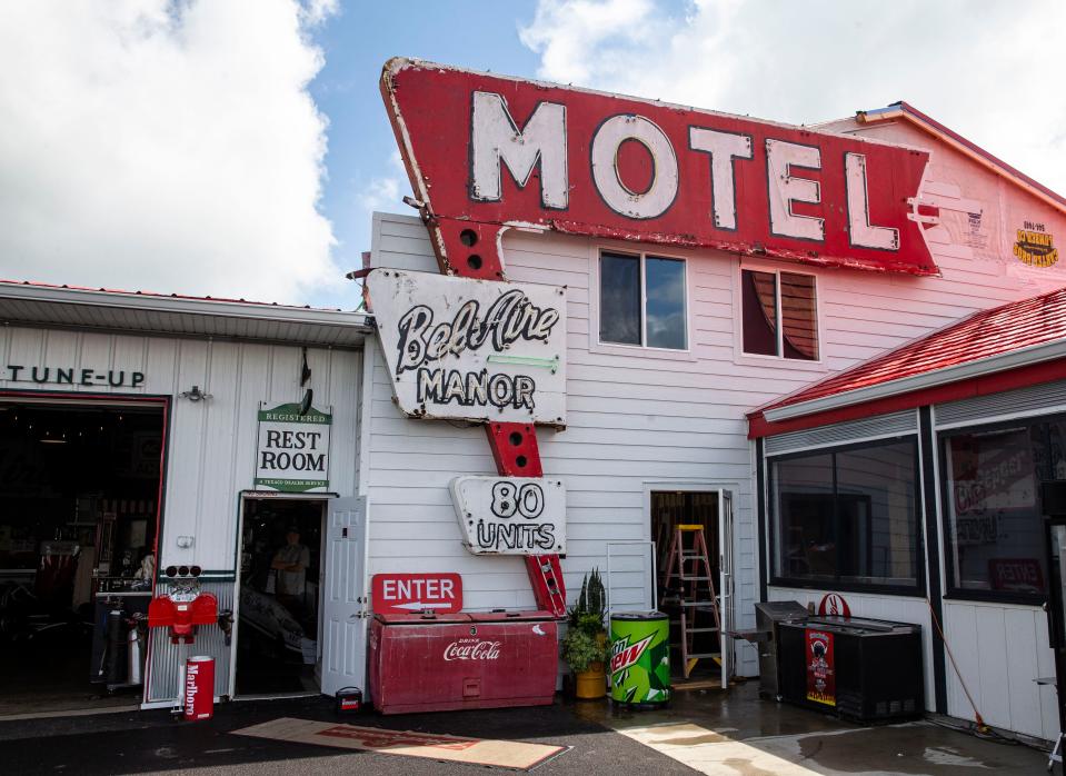 Ron Metzger, owner of the Route 66 Motorheads Bar and Grill, preserved and installed the iconic neon sign from the old Bel-Aire Motel.