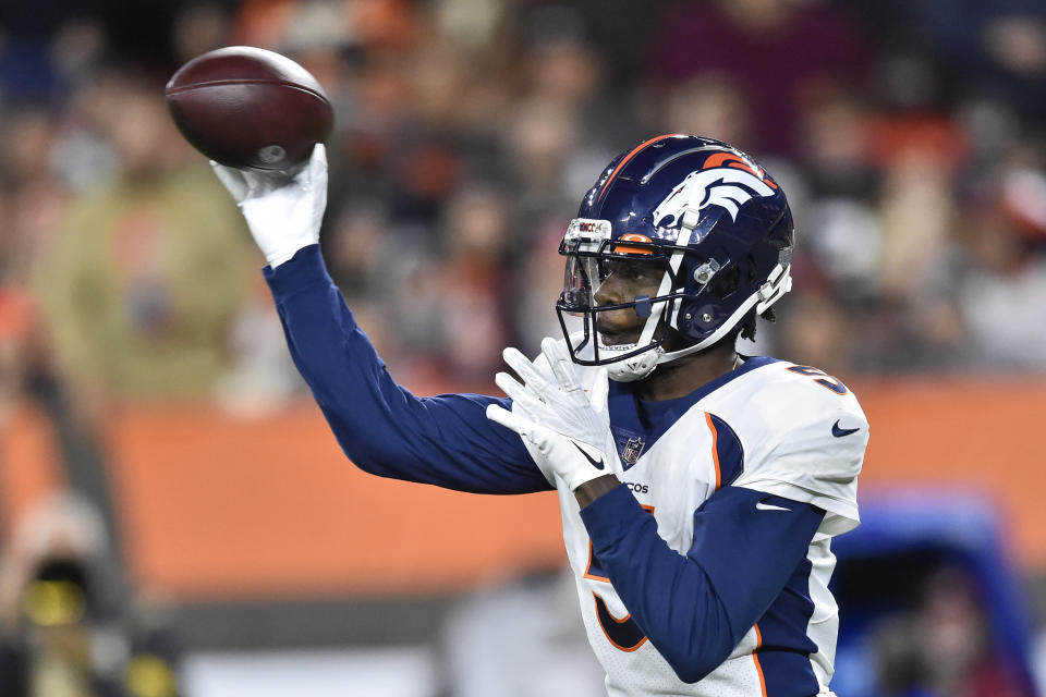Denver Broncos quarterback Teddy Bridgewater throws a pass during the first half of the team's NFL football game against the Cleveland Browns, Thursday, Oct. 21, 2021, in Cleveland. (AP Photo/David Richard)
