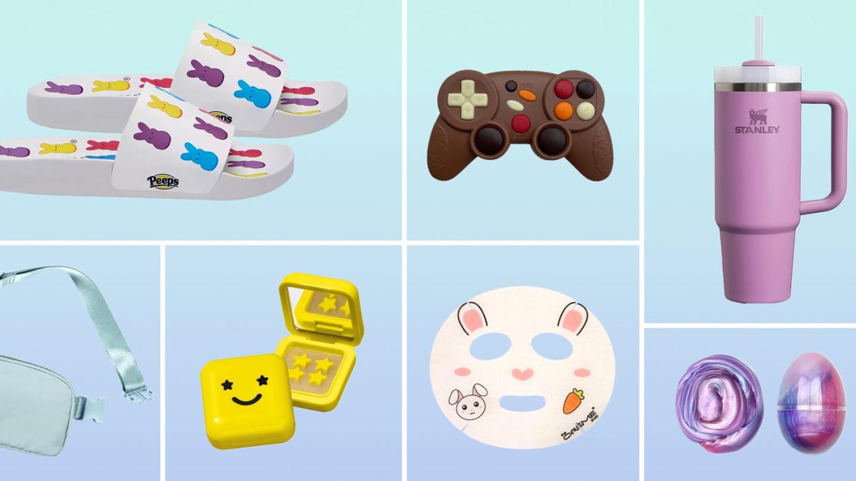 peeps sandals, chocolate nintendo controller, stanley cup, easter egg slime, bunny face mask, starface zit stickers, belt bag