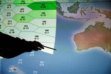FILE PHOTO: A member of staff at satellite communications company Inmarsat poses in front of a section of the screen showing the southern Indian Ocean to the west of Australia, at their headquarters in London March 25, 2014. REUTERS/Andrew Winning/File Photo