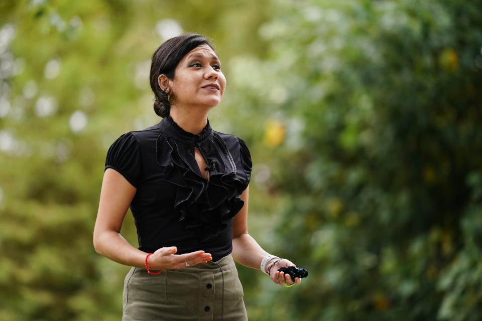 Olivia Vazquez speaks during an interview with The Associated Press in Philadelphia, Wednesday, Oct. 6, 2021. Vazquez is finishing up her last semester at Swarthmore College and hoping to help make sure immigrant students arriving in Philadelphia have a more supportive experience in school than she did growing up. (AP Photo/Matt Rourke)