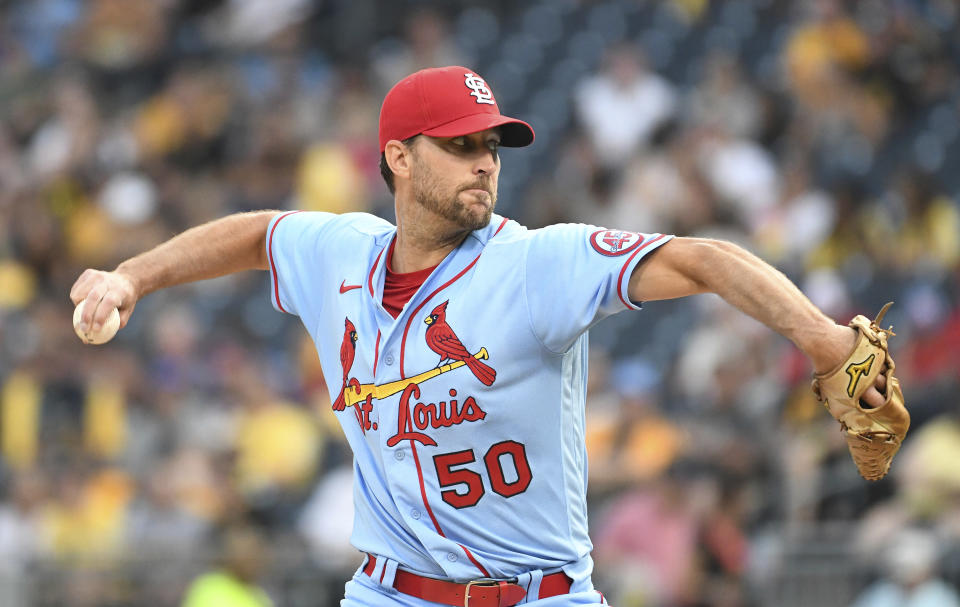 St. Louis Cardinals starter Adam Wainwright pitches in the first inning of a baseball game against the Pittsburgh Pirates, Saturday, Aug. 28, 2021, in Pittsburgh, Pa. (AP Photo/Philip G. Pavely)