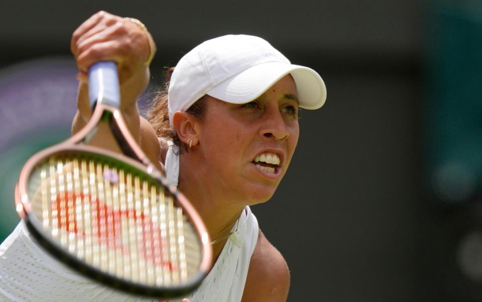 USA&#39;s Madison Keys in action against Aryna Sabalenka