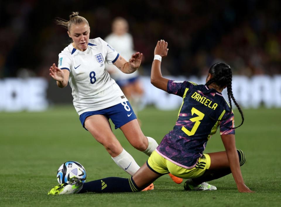 Stanway is challenged by Daniela Arias of Colombia during the quarter-final (The FA via Getty Images)