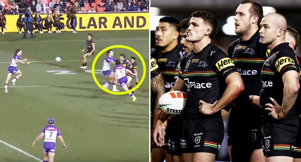 Melbourne Storm and Penrith Panthers players during their NRL clash.