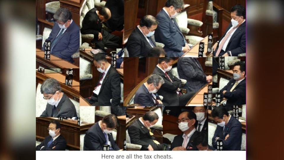 日媒整理出議員們在議會上的睡相，讓網友怒不可遏，痛批他們根本是稅金小偷。（圖／翻攝自@I_Love_Wanko_推特）