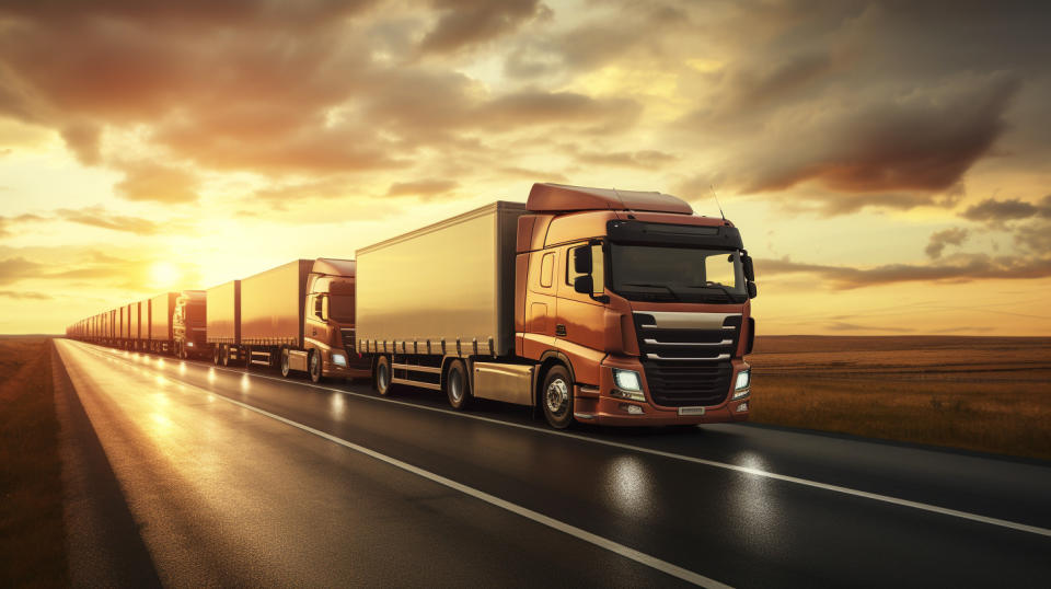 A fleet of trucks on a highway, transporting goods for the company.