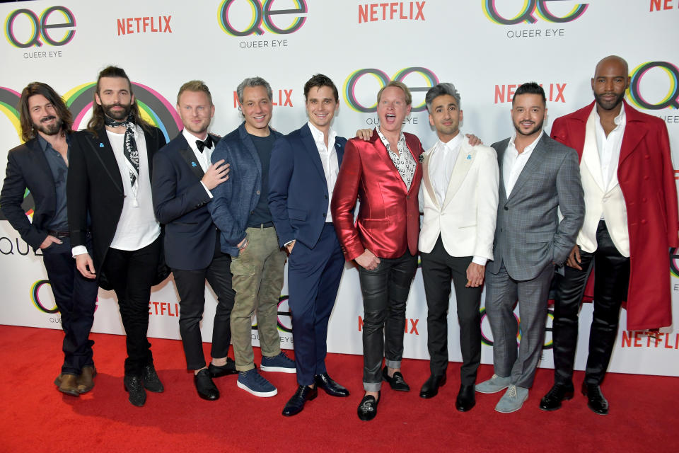 WEST HOLLYWOOD, CA - FEBRUARY 07:  (L-R) Kyan Douglas, Jonathan Van Ness, Bobby Berk, Thom Filicia, Antoni Porowski, Carson Kressley, Tan France, Jai Rodriguez, and Karamo Brown attend the premiere of Netflix's 