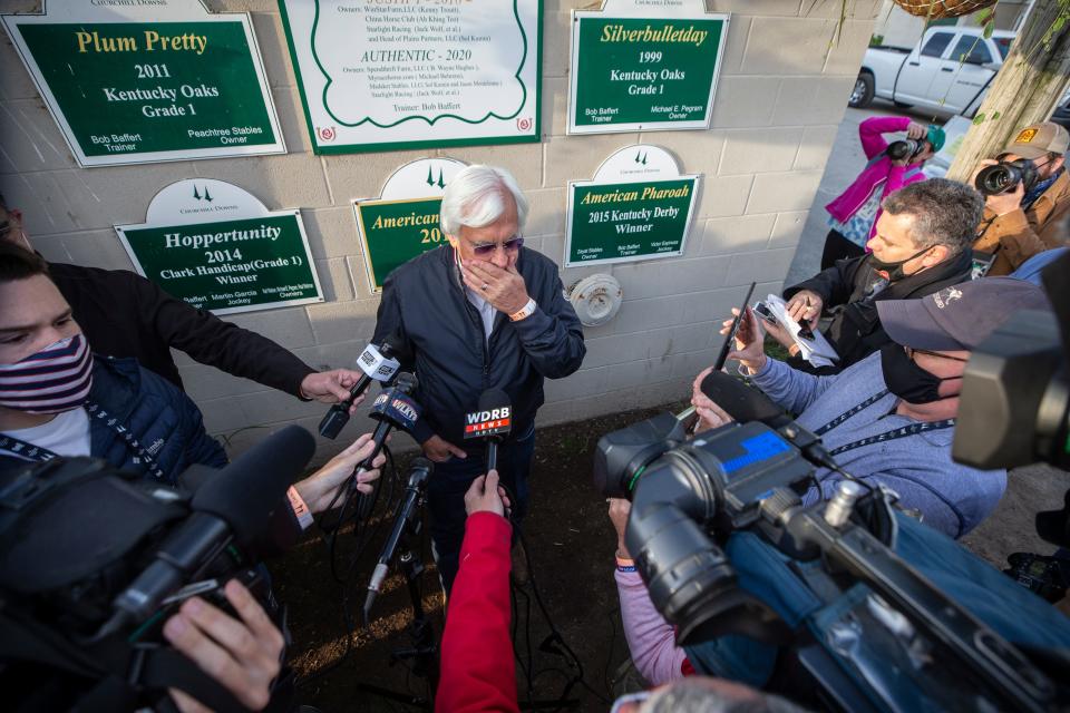 Trainer Bob Baffert talks with the media the morning after winning the Kentucky Derby with Medina Spirit. One week later it was announced that the horse tested positive for an abundance of an anti-inflammatory drug following the race.