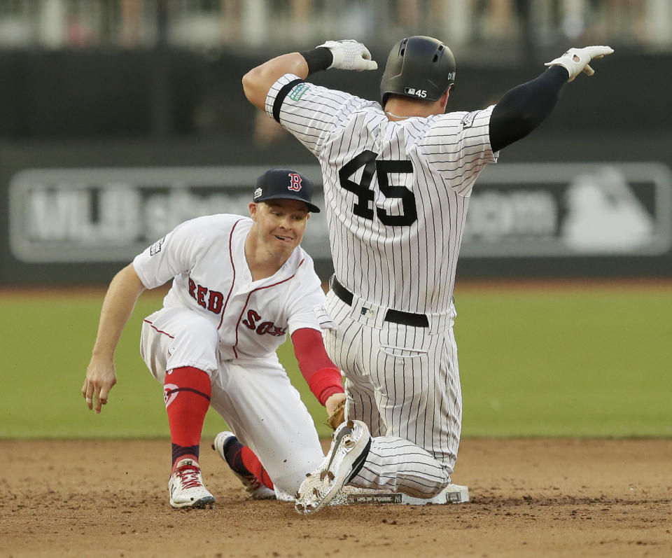 New York Yankees' Luke Voit slides safely into second base beside Boston Red Sox's Brock Holt after hitting a double during the fifth inning of a baseball game, Saturday, June 29, 2019, in London. Major League Baseball made its European debut game Saturday at London Stadium. (AP Photo/Tim Ireland)