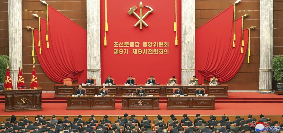 In this photo provided by the North Korean government, North Korean leader Kim Jong Un, center, holds a year-end plenary meeting of the ruling Workers’ Party in Pyongyang, North Korea, Tuesday, Dec. 26, 2023. Independent journalists were not given access to cover the event depicted in this image distributed by the North Korean government. The content of this image is as provided and cannot be independently verified. Korean language watermark on image as provided by source reads: "KCNA" which is the abbreviation for Korean Central News Agency. (Korean Central News Agency/Korea News Service via AP)