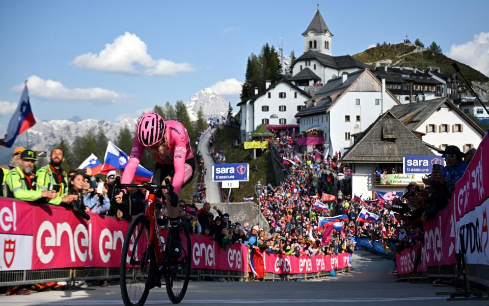 Geraint Thomas crosses the finish line of the Giro d'Italia Stage 20 time trial - Geraint Thomas admits Giro d’Italia hopes over after Primoz Roglic takes lead on penultimate stage - Getty Images/Stuart Franklin