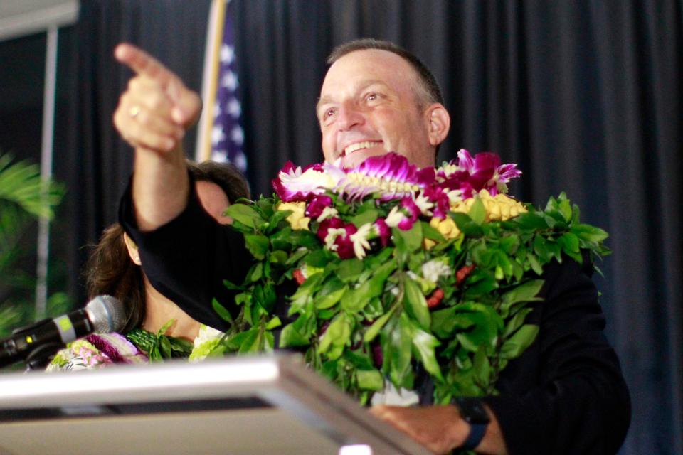 Democratic gubernatorial candidate Josh Green speaks at his campaign headquarters inside the Modern Hotel on Aug. 13, 2022, in Honolulu. Green, the current lieutenant governor, is the Democratic Party’s candidate to be Hawaii’s next governor. Green defeated U.S. Rep. Kaiali’i Kahele and former Hawaii first lady Vicky Cayetano in Saturday’s primary election.