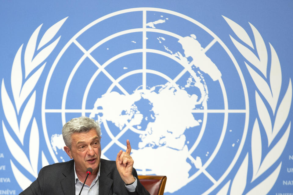 In this Tuesday, June 16, 2020, photo, Italian Filippo Grandi, U.N. High Commissioner for Refugees, speaks to the media about the UNHCR's annual Global Trends Report on Forced Displacement, during a press conference at the European headquarters of the United Nations in Geneva, Switzerland. Grandi says he’s “very worried” about the impact of the new coronavirus in Latin America, where millions of Venezuelans have fled upheaval at home and could face hardship among lockdowns and other restrictive measures to fight the pandemic. (Salvatore Di Nolfi/Keystone via AP)