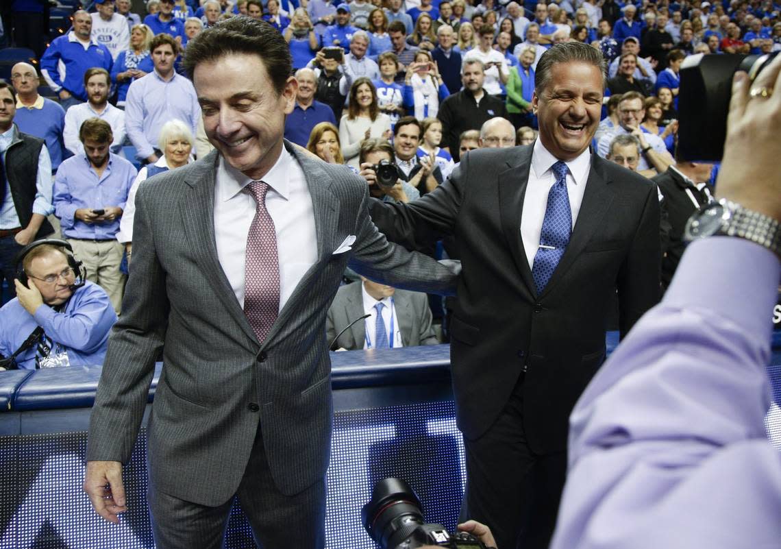 With the departure of John Calipari, right, as Kentucky head coach, Mark Pope, a disciple of Rick Pitino, left, is now the UK head man.