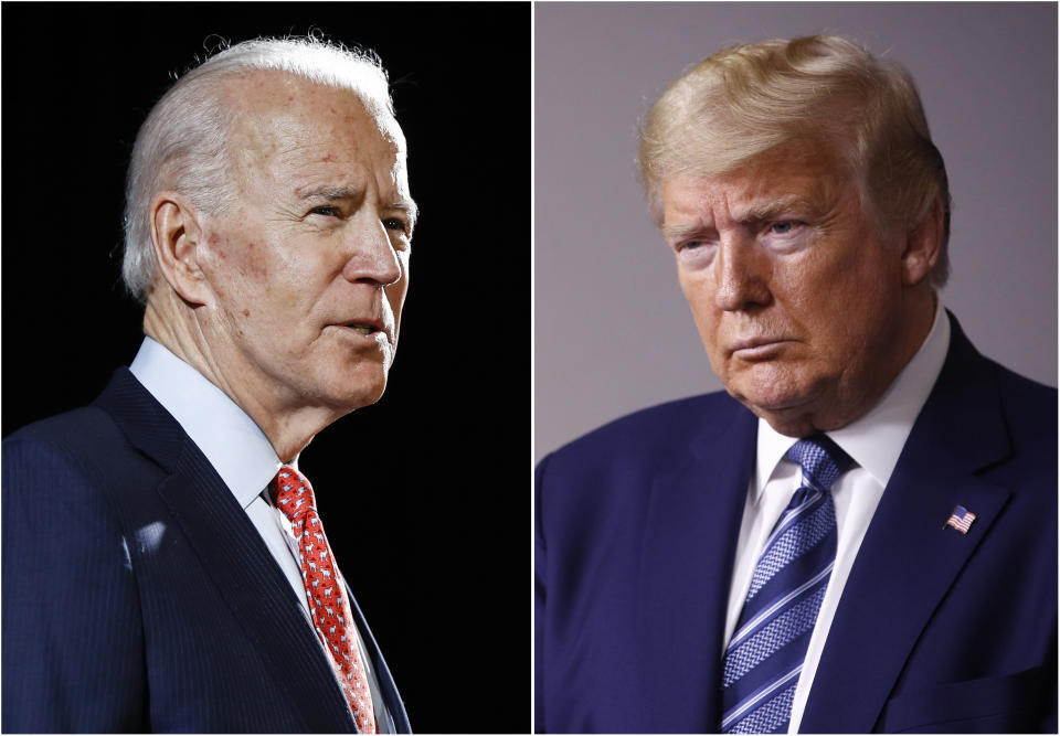 FILE - In this combination of file photos, former Vice President Joe Biden speaks in Wilmington, Del., on March 12, 2020, left, and President Donald Trump speaks at the White House in Washington on April 5, 2020. Barring unforeseen disaster, Biden will represent the Democratic Party against Trump this fall, the former vice president's place on the general election ballot cemented Wednesday, April 8, by Bernie Sanders' decision to end his campaign. (AP Photo)