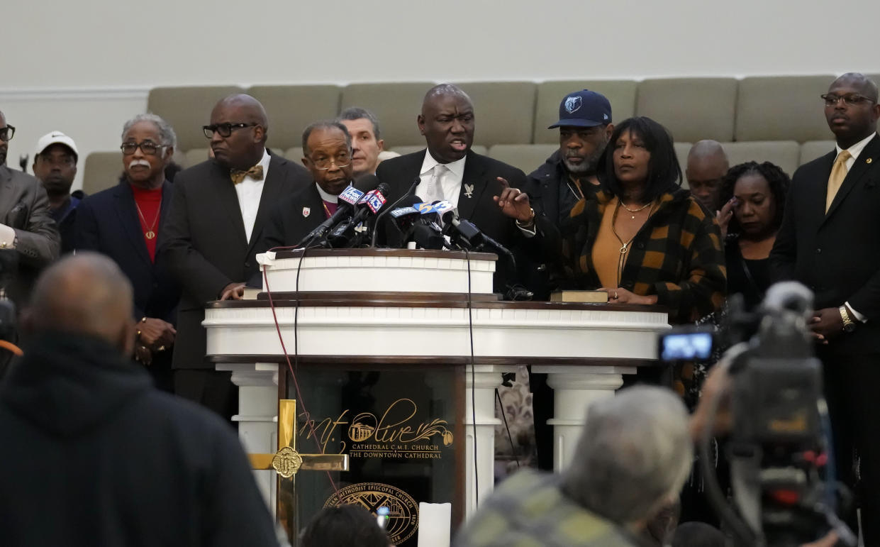 Civil rights attorney Attorney Ben Crump speaks at a news conference with RowVaughn Wells, mother of Tyre Nichols, who died after being beaten by Memphis police officers, and his stepfather Rodney Wells, in Memphis, Tenn., Friday, Jan. 27, 2023. (AP Photo/Gerald Herbert)