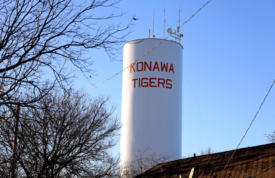 A water tower is pictured Feb. 8 in Konawa.