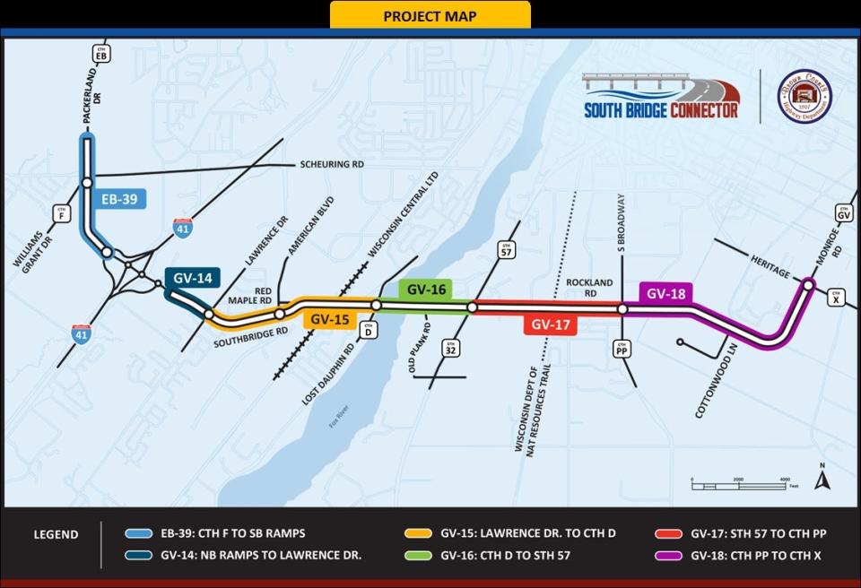 From left to right, the South Bridge Connector road project will connect the intersection of Packerland Drive, Williams Grant Drive and Scheuring Road to the intersection of Monroe and Heritage roads. The new route includes a new interchange with I-41 and a new bridge across the Fox River.