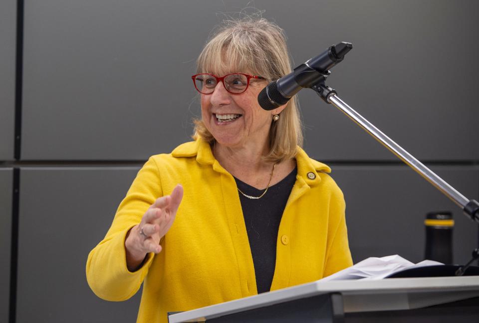 State Senate President Karen Spilka reminisces about visiting the McAuliffe Center when her sons were in elementary school, Jan. 26, 2024.