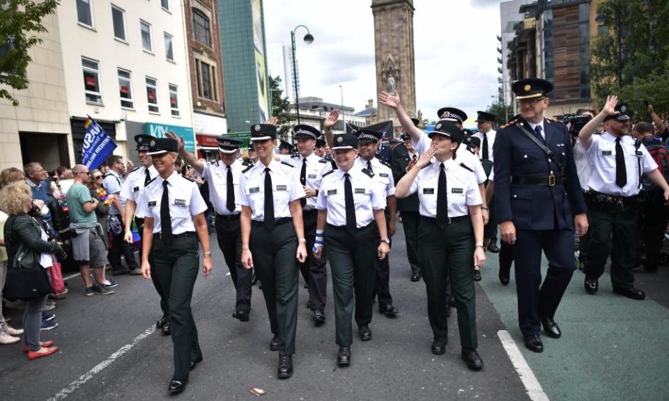 PSNI and Garda officers in the Belfast Gay Pride parade on August 5. Ireland’s gay prime minister, Leo Varadkar, said it was only a matter of time before same-sex marriage is legal in the north. 