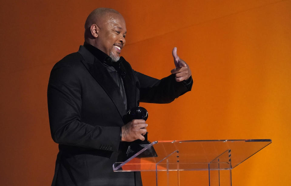 Dr. Dre accepts the dr. dre global impact award at the 65th annual Grammy Awards on Sunday, Feb. 5, 2023, in Los Angeles. (AP Photo/Chris Pizzello)