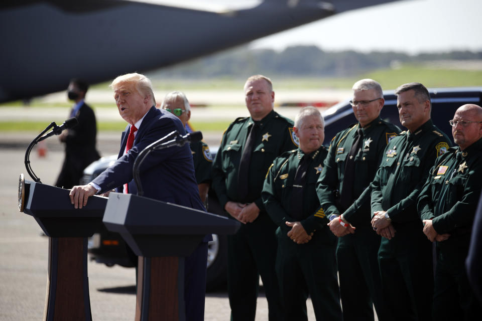 President Donald Trump speaks during a campaign event with Florida Sheriffs in Tampa, Fla., Friday, July 31, 2020. (AP Photo/Patrick Semansky)