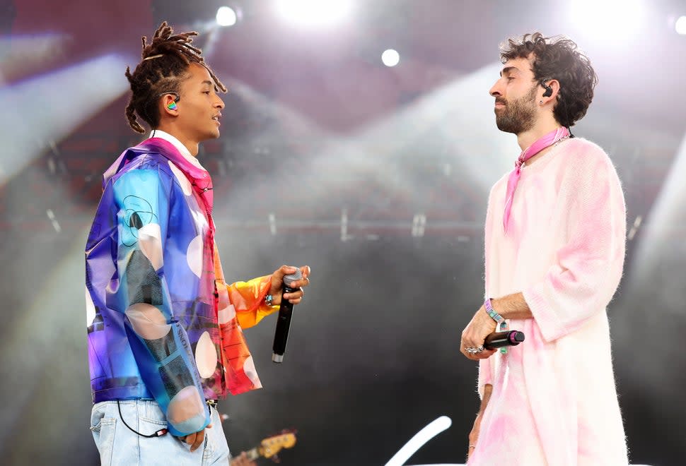 Jaden Smith and ¿Téo? perform at the Gobi Tent during the 2023 Coachella Valley Music and Arts Festival on April 14, 2023 in Indio, California.