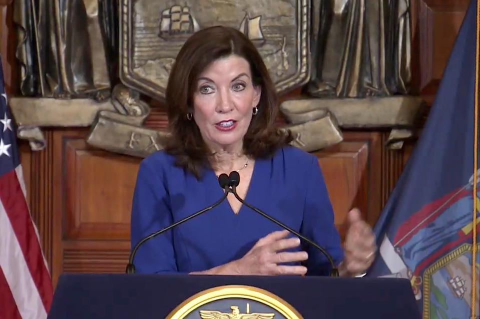 In this image taken from video, New York Gov. Kathy Hochul speaks about the state budget during a news conference, Thursday, April 7, 2022, in Albany, N.Y.