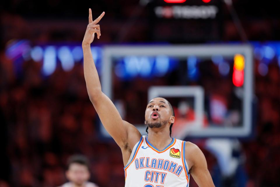 Thunder guard Aaron Wiggins (21) celebrates after making a 3-pointer during Game 1 of the Western Conference semifinals against the Mavericks. Wiggins scored 16 points off the bench.