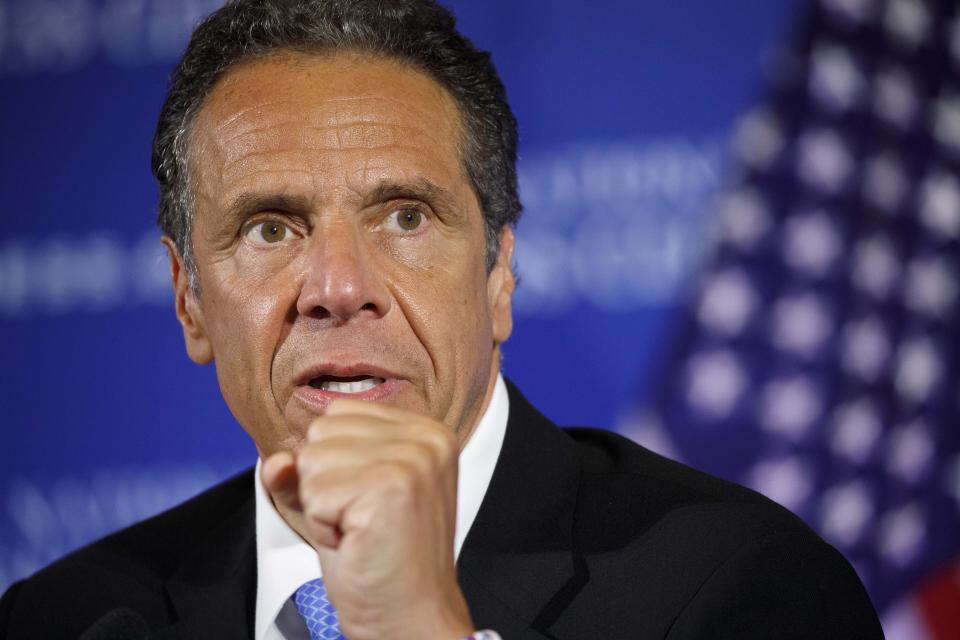 FILE - In this May 27, 2020, file photo, New York Gov. Andrew Cuomo speaks during a news conference at the National Press Club in Washington. Cuomo said on Saturday, June 18, 2020 that the number of people hospitalized with COVID-19 in New York state dropped to 743 and 11 more people had died. (AP Photo/Jacquelyn Martin, File)