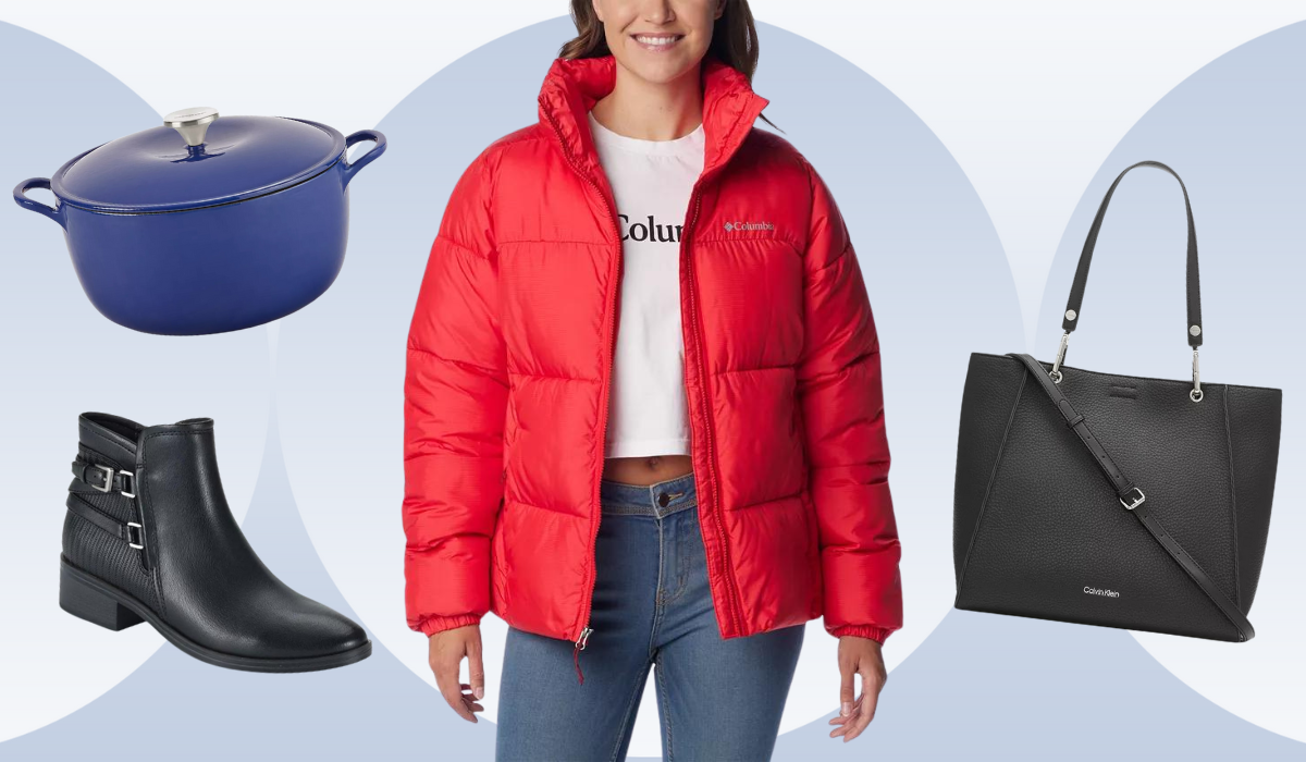 woman wearing red jacket, blue dutch oven, black booties, black tote bag