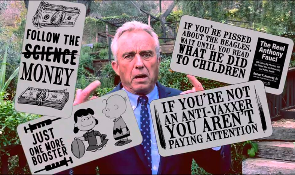 In this image from video posted on the Children’s Health Defense website on Dec. 12, 2021, Robert F. Kennedy Jr., talks about anti-vaccine stickers he’s urging supporters to use, including one that reads “IF YOU’RE NOT AN ANTI-VAXXER YOU AREN’T PAYING ATTENTION.” Kennedy, now running for president, insists he’s not anti-vaccine, though his record shows he has made his opposition to vaccines clear.