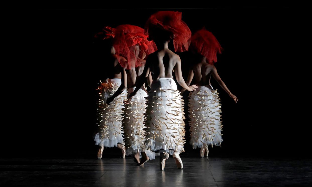 <span>Replaying balletic symbols … Hatched Ensemble by Mamela Nyamza at the Barbican, London.</span><span>Photograph: Mark Wessels</span>