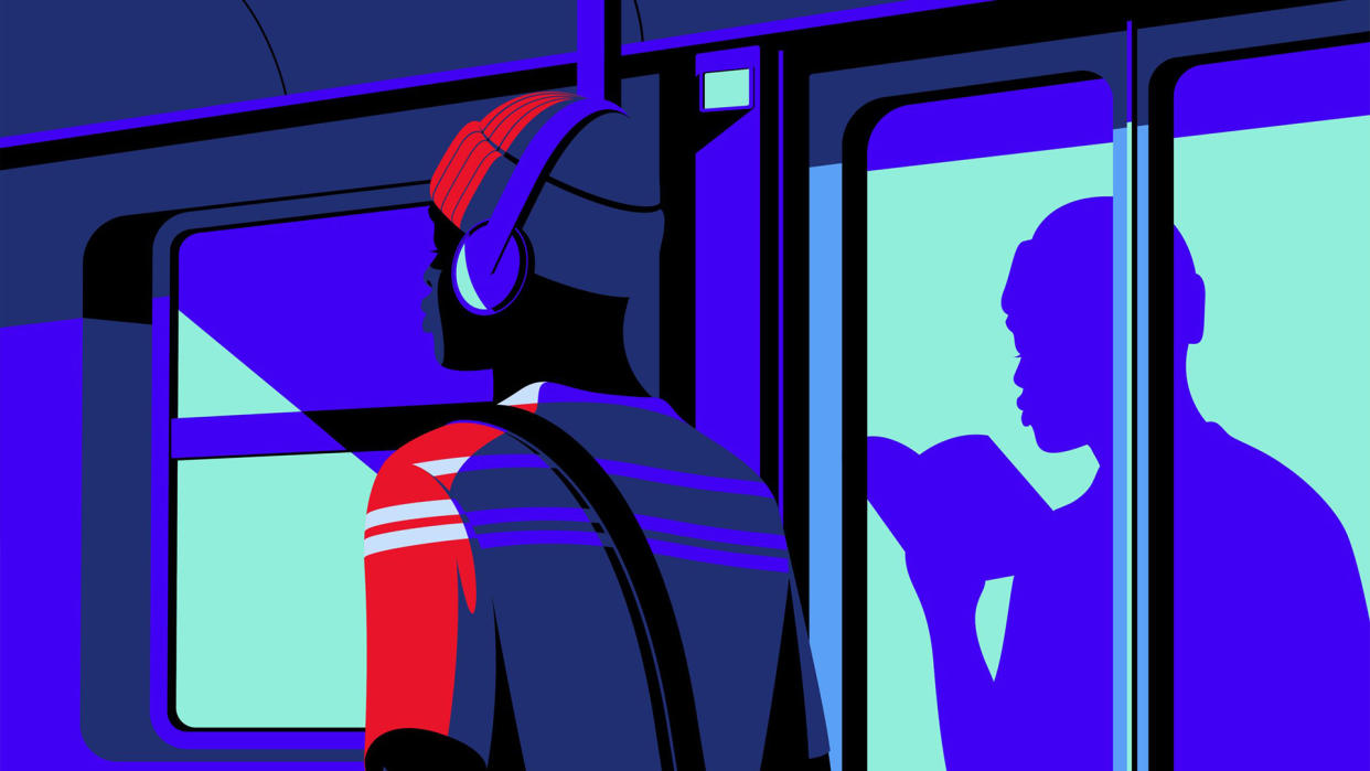  An illustration of a man listening to headphones on a train with his shadow reading a book. 