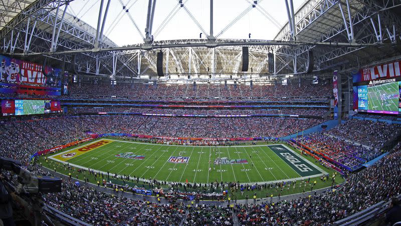 A general view during play of the NFL Super Bowl game between the Kansas City Chiefs and the Philadelphia Eagles on Feb. 12, 2023, in Glendale, Ariz. Photo was taken with a fish eye lens.