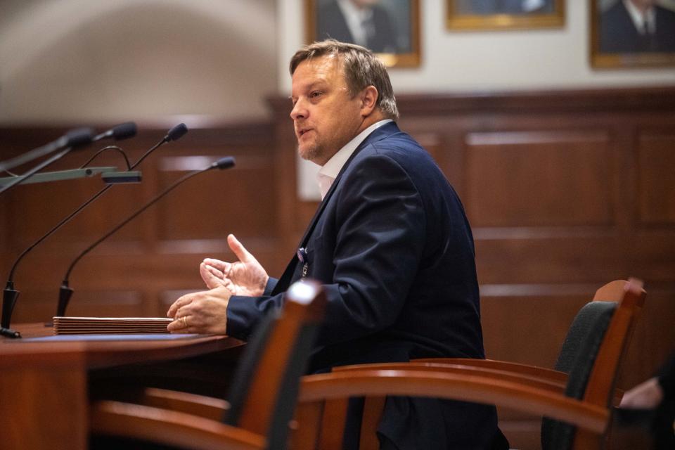 Financial Officer of West TN Healthcare Jeff Blankenship sits before the council members to discuss a resolution pertaining to the incurrence of debt during a Jackson City Council Meeting on Tuesday, Oct. 3, 2023.