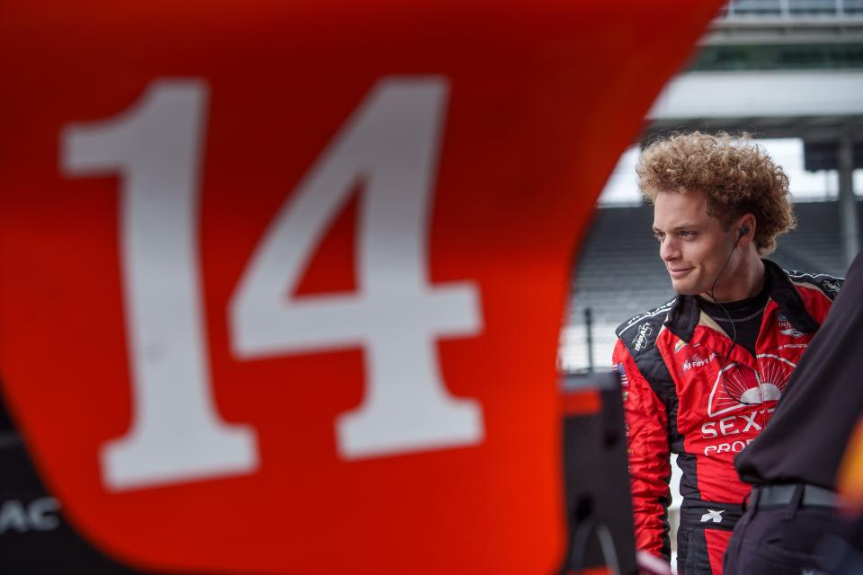 A. J. Foyt Enterprises driver Santino Ferrucci (14) prepares for qualifications Friday, Aug. 11, 2023, in preparation for the Gallagher Grand Prix Saturday at Indianapolis Motor Speedway. 