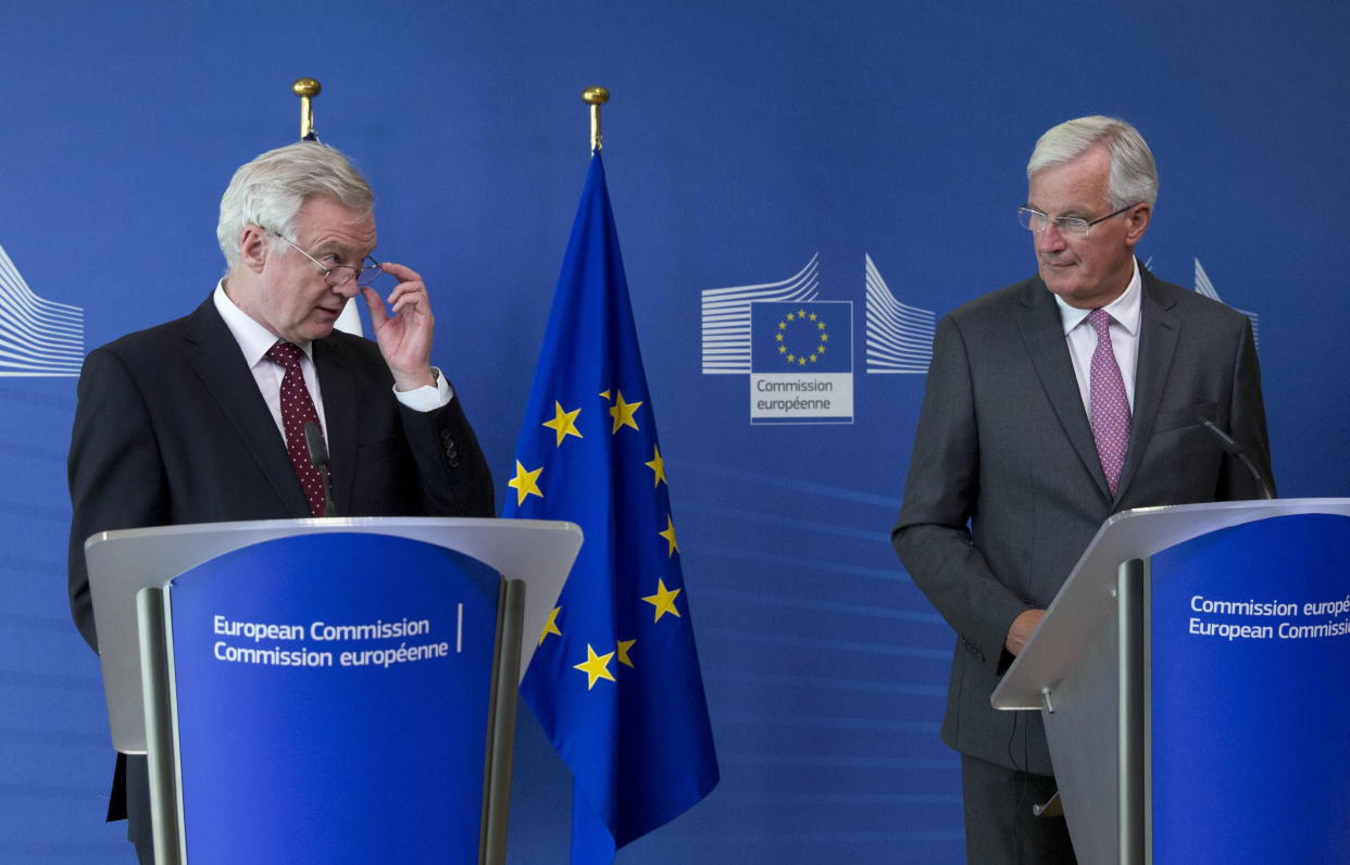 European Union chief Brexit negotiator Michel Barnier, right, and British counterpart David Davis appear to be struggling to find a way forward (AP Photo/Virginia Mayo)