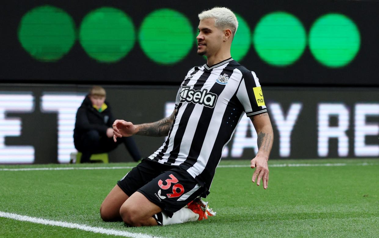 Bruno Guimaraes celebrates scoring Newcastle's third