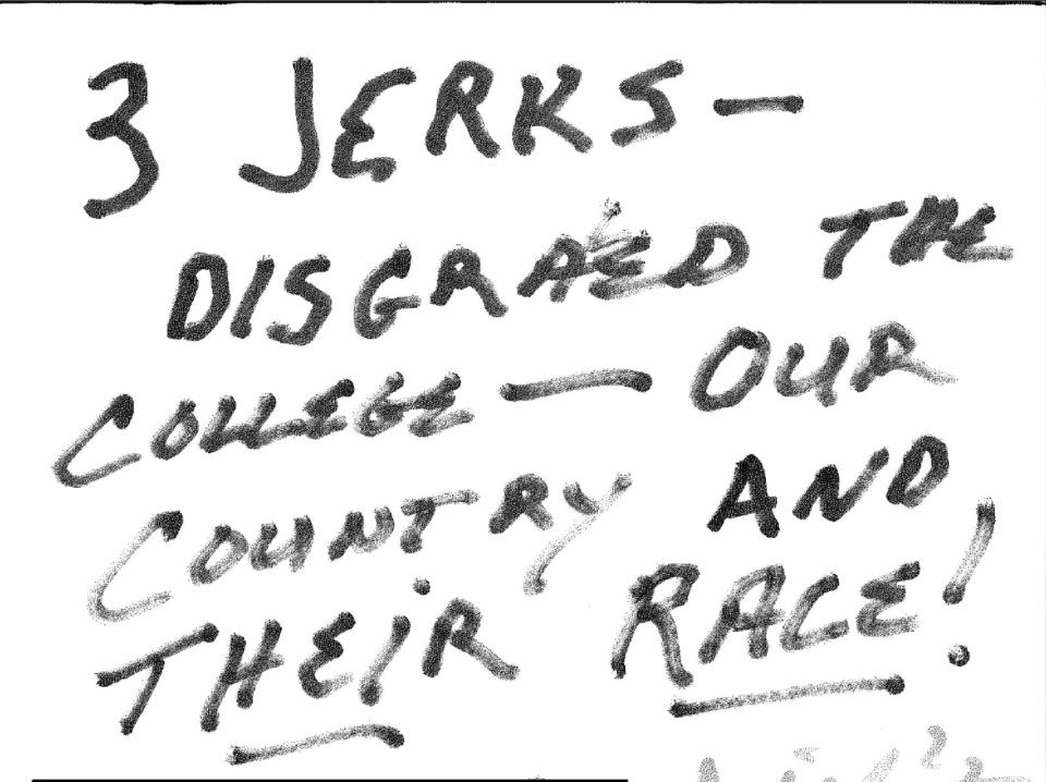 One handwritten message sent to UCLA Chancellor Gene Block after three UCLA men's basketball players were arrested in China in November 2017. (Photo: Screenshot via public records)