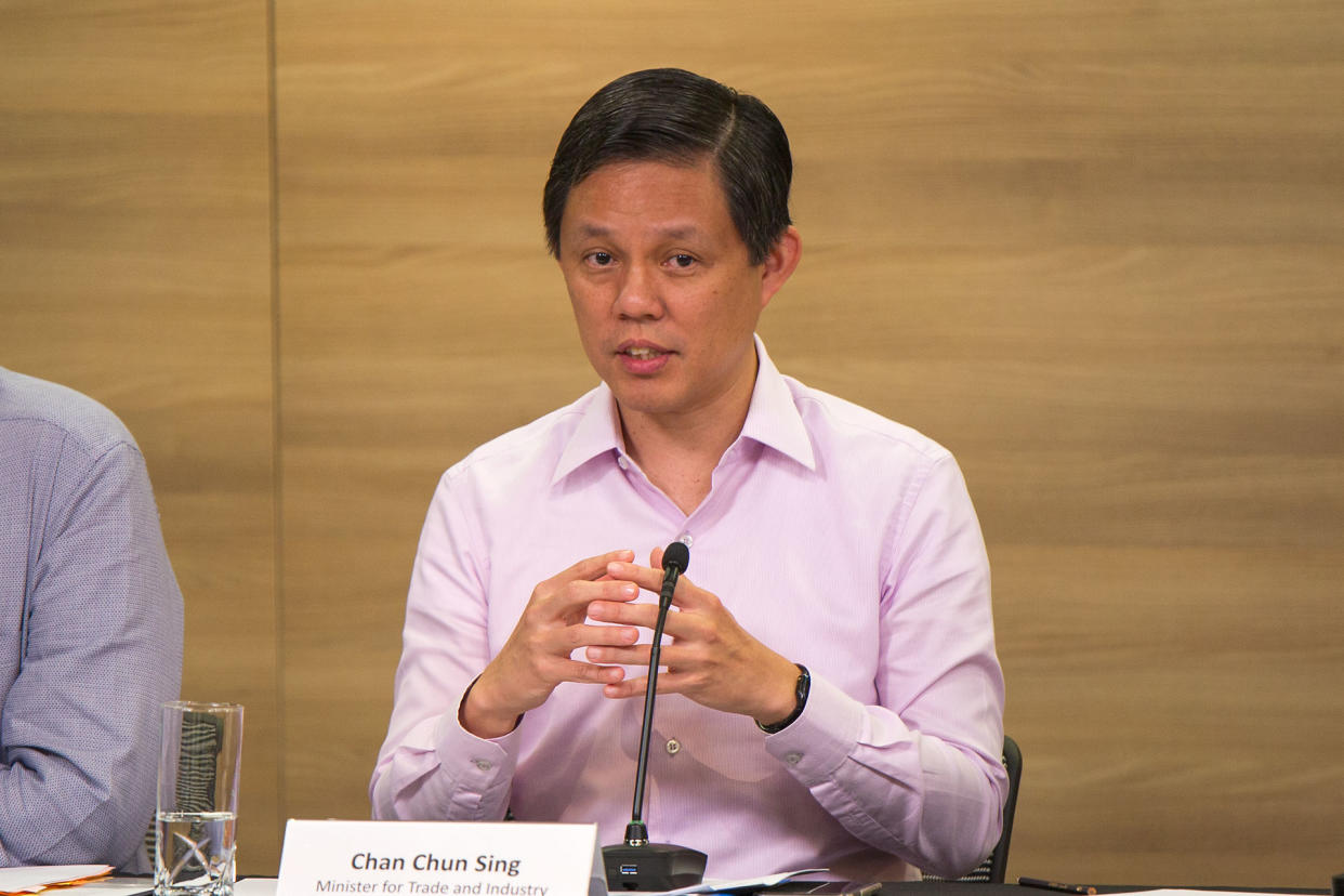 Minister for Trade and Industry Chan Chun Sing speaking at a press conference on Monday (27 January). (PHOTO: Dhany Osman / Yahoo News Singapore)