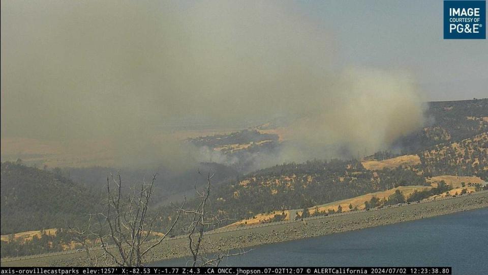 Smoke from the Thompson Fire burning in Butte County is seen in an AlertCalifornia wildfire camera at Lake Oroville. The wildfire, which started Tuesday, July 2, 2024, prompted evacuations orders.
