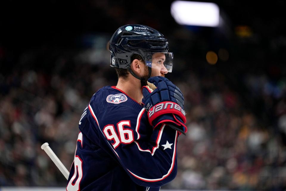 Oct 20, 2022; Columbus, Ohio, USA;  Columbus Blue Jackets forward Jack Roslovic (96) skates across the rink during the first period of the hockey game between the Columbus Blue Jackets and the Nashville Predators at Nationwide Arena. Mandatory Credit: Joseph Scheller-The Columbus Dispatch