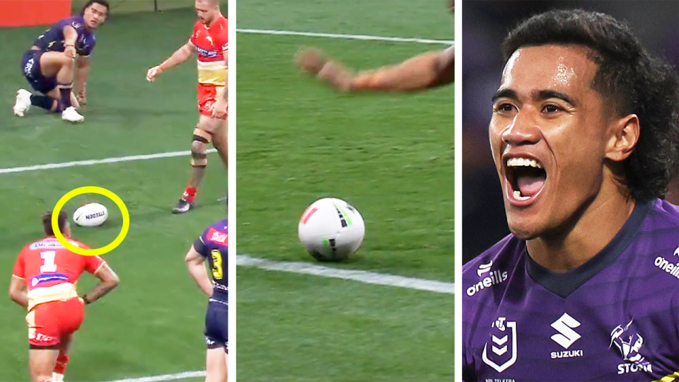 NRL fans were left stunned when the Bunker awarded this Su'a Fa'alogo (pictured right) try when it appeared the ball was grounded on the dead ball line. (Images: Fox Sports/Getty Images)