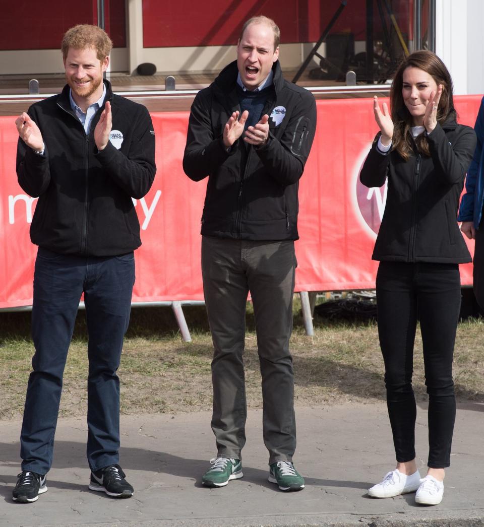 <p>Prince Harry joined the Duke and Duchess of Cambridge as they cheered on runners at the London Marathon in April 2017. </p>