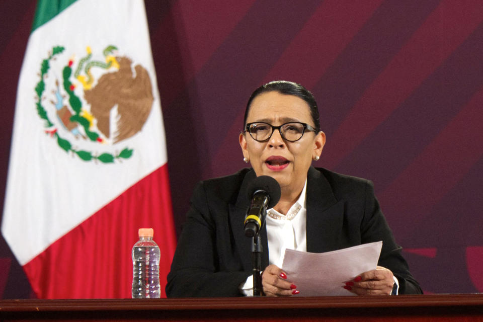 Mexico's Secretary of Security and Citizen Protection, Rosa Icela Rodriguez, speaks during a press conference at the National Palace in Mexico City on March 29, 2023. - The deaths of 39 migrants in a fire at a Mexican detention center are being investigated as suspected homicides, a prosecutor said Wednesday, accusing those in charge of doing nothing to evacuate the victims. (Photo by CLAUDIO CRUZ / AFP) (Photo by CLAUDIO CRUZ/AFP via Getty Images) (Claudio Cruz / AFP - Getty Images)