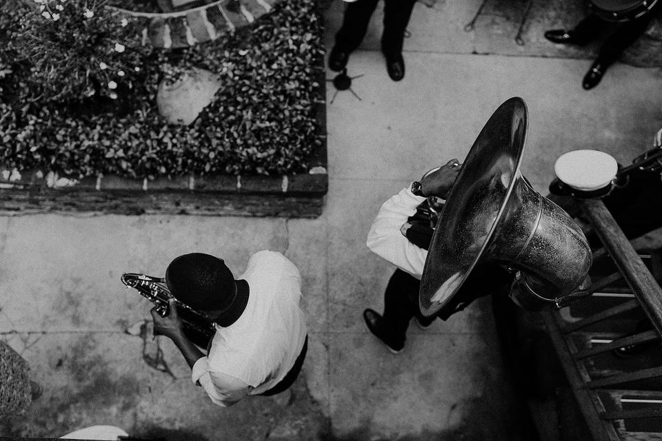 The Preservation Hall Jazz Band playing in the courtyard.