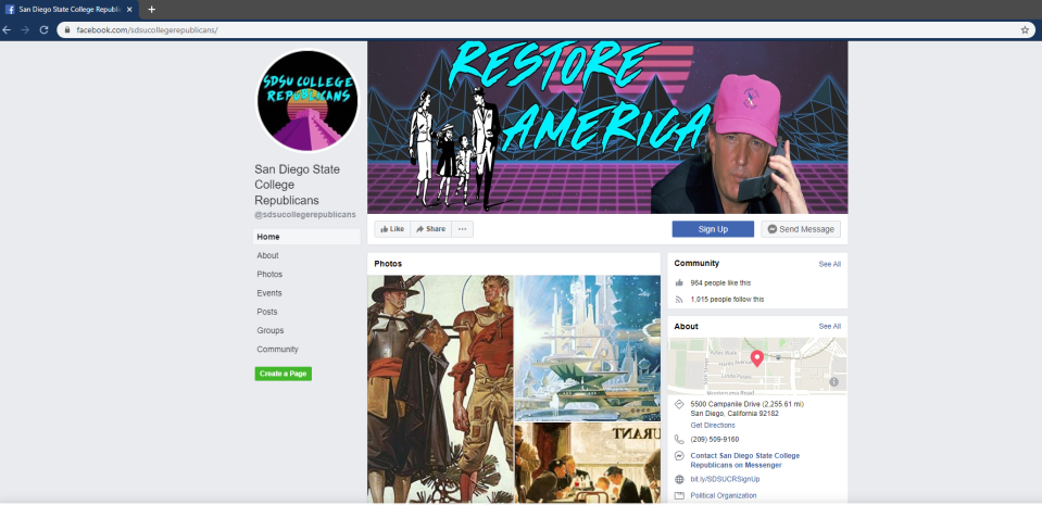 The Facebook page of the San Diego State College Republicans tries to appeal to the younger generation online.